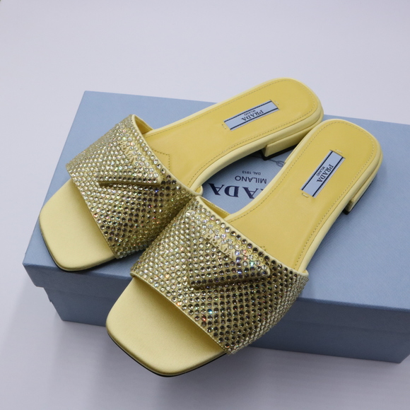 Prada 38 Yellow Crystal Strassed Ciabatte Logo Calzature Donna  Flat Slides E715 - Picture 11 of 13